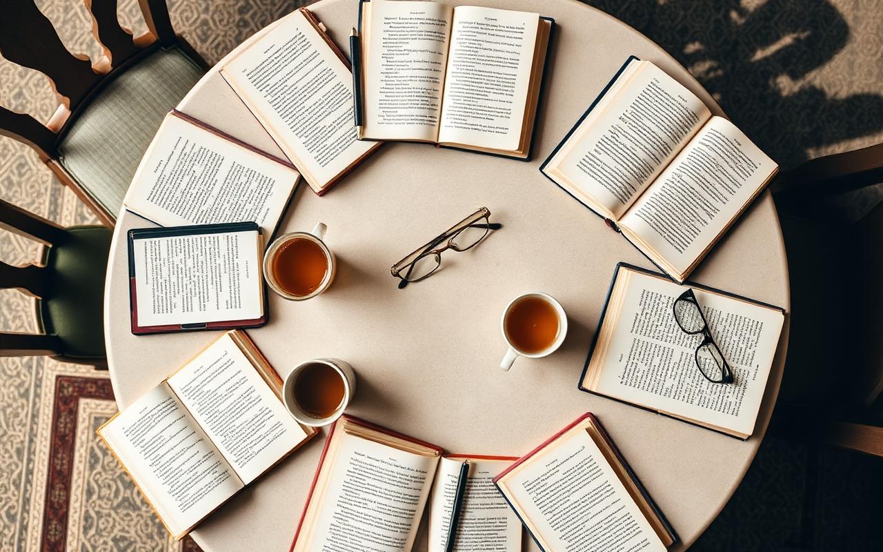An overhead view of a round table set with open books, tea and reading glasses
