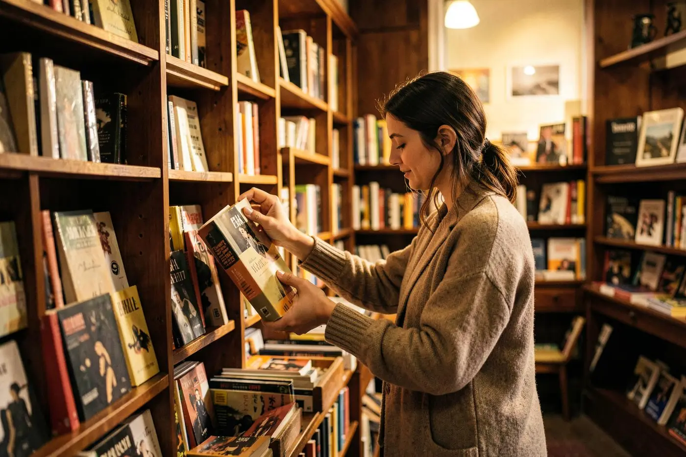 A reader lifting a book from the shelves of an independent bookshop