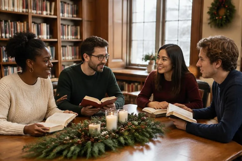 Illustrative festive adult reading group: library conversations