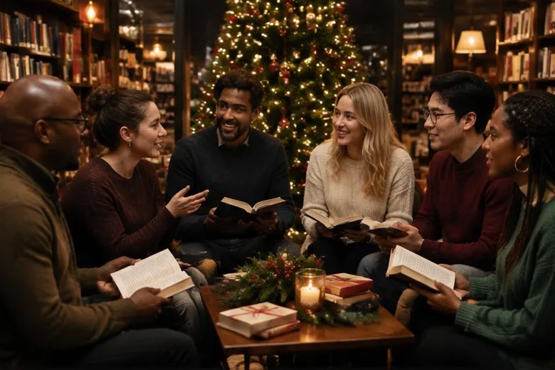 Illustrative festive adult reading group: christmas book club