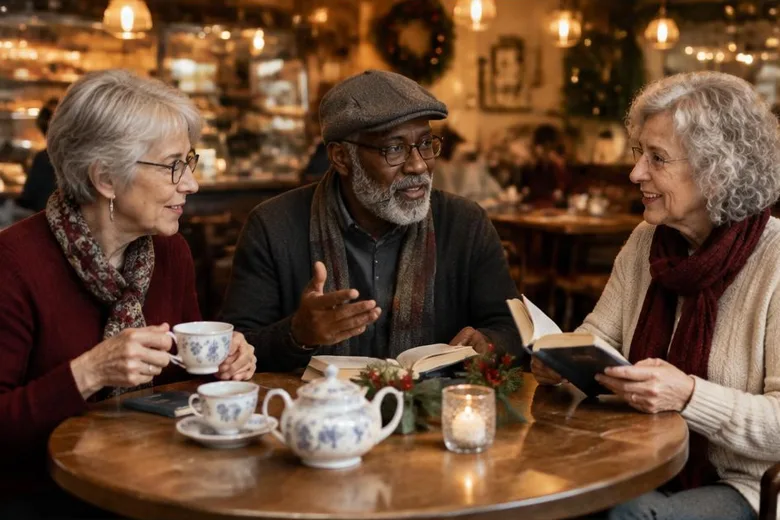 Illustrative festive adult reading group: stories over tea