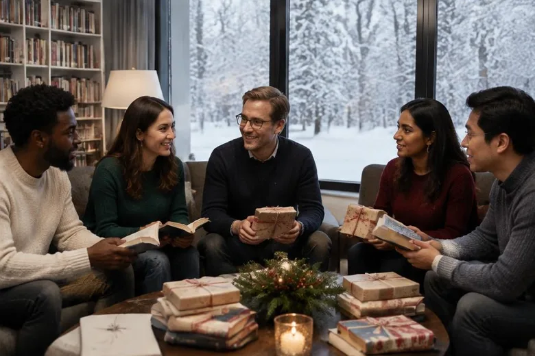 Illustrative festive adult reading group: reading beside a winter window