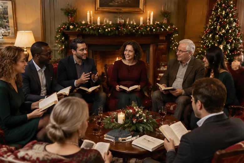 Illustrative festive adult reading group: an evening of shared stories