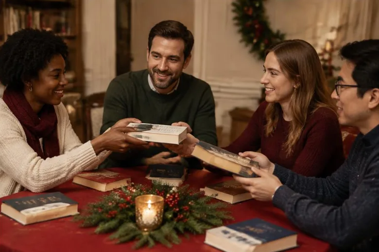 Illustrative festive adult reading group: passing a favourite book