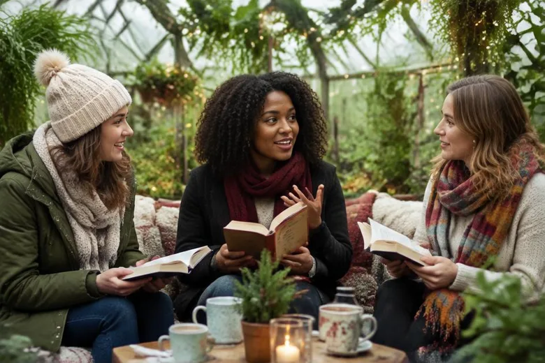 Illustrative festive adult reading group: books among winter greenery