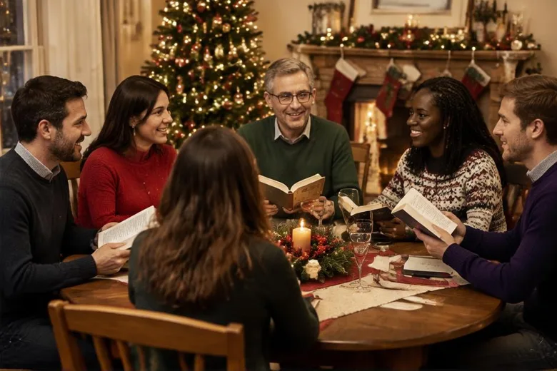 Illustrative festive adult reading group: a gathering around the table