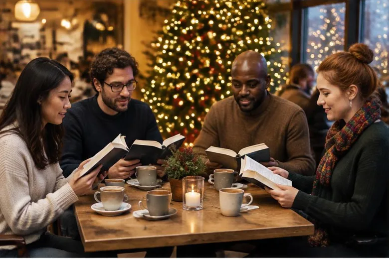 Illustrative festive adult reading group: coffee and christmas reads