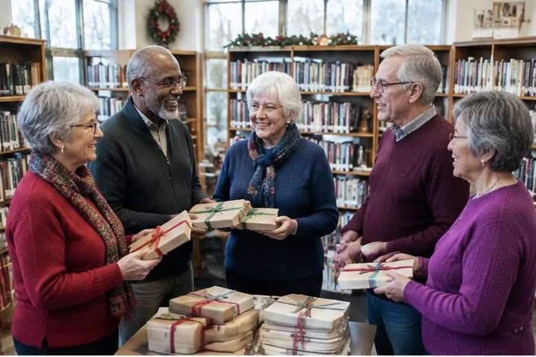 Illustrative festive adult reading group: wrapped books to exchange