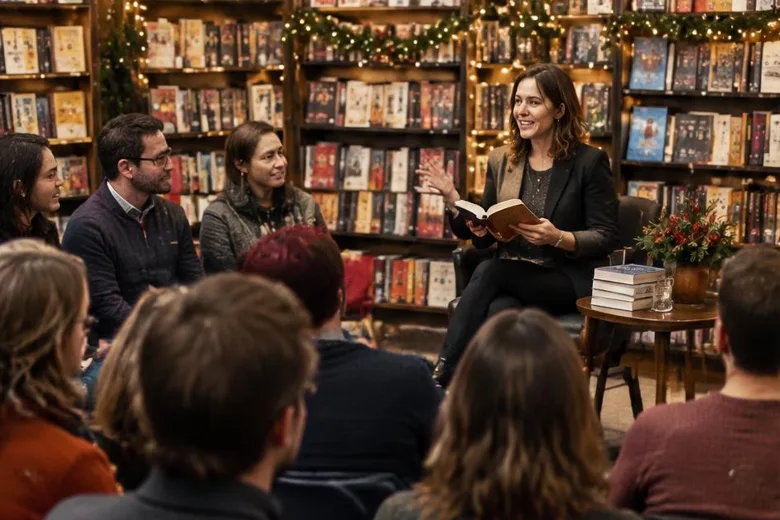Illustrative festive adult reading group: a bookshop conversation