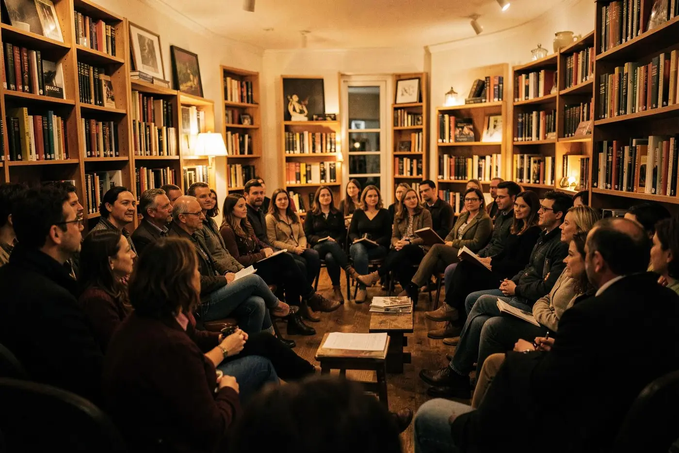 A small audience seated in a warmly lit bookshop during an evening reading