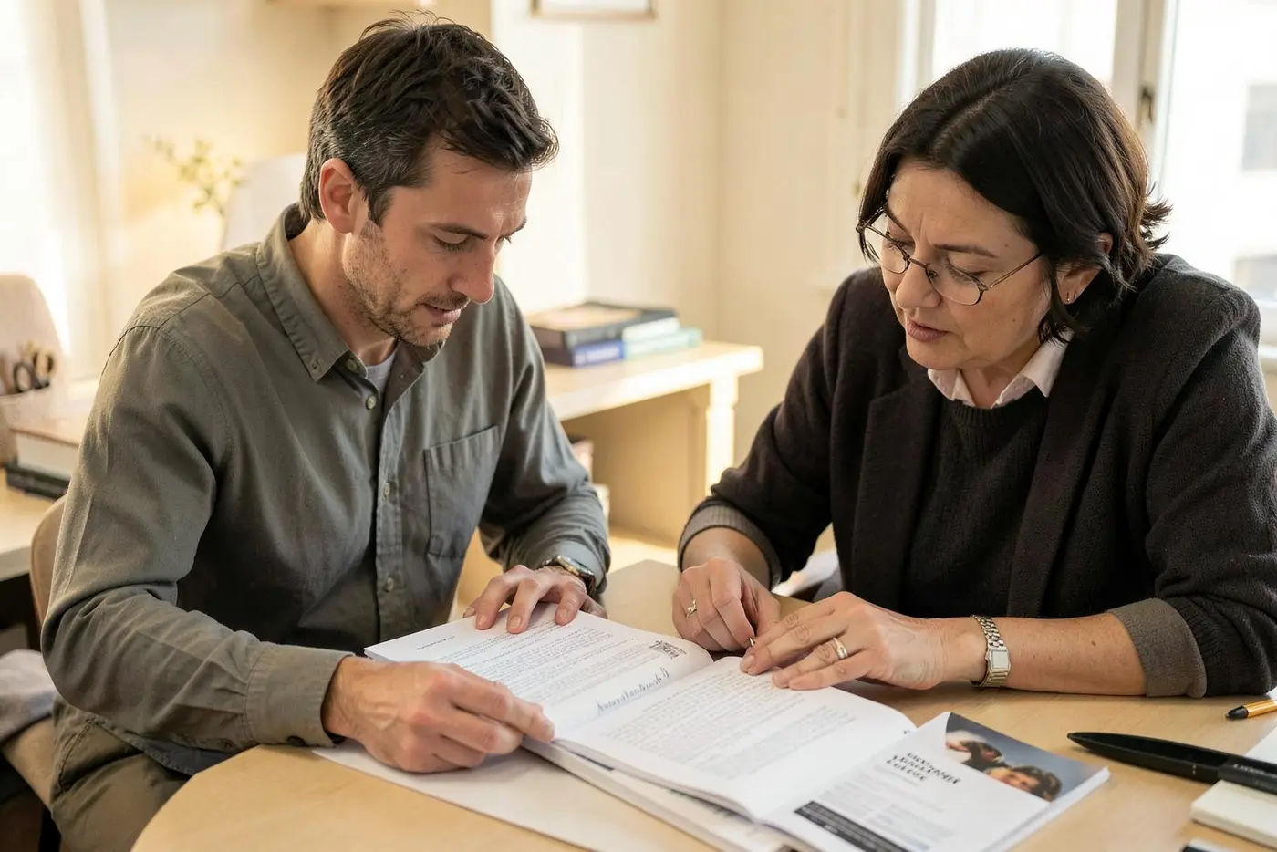 Two colleagues reading through printed manuscript pages together at a desk
