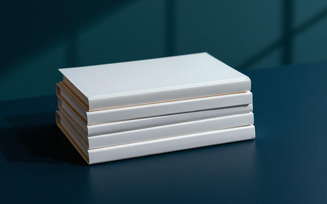 A stack of plain hardcover books on a dark blue table