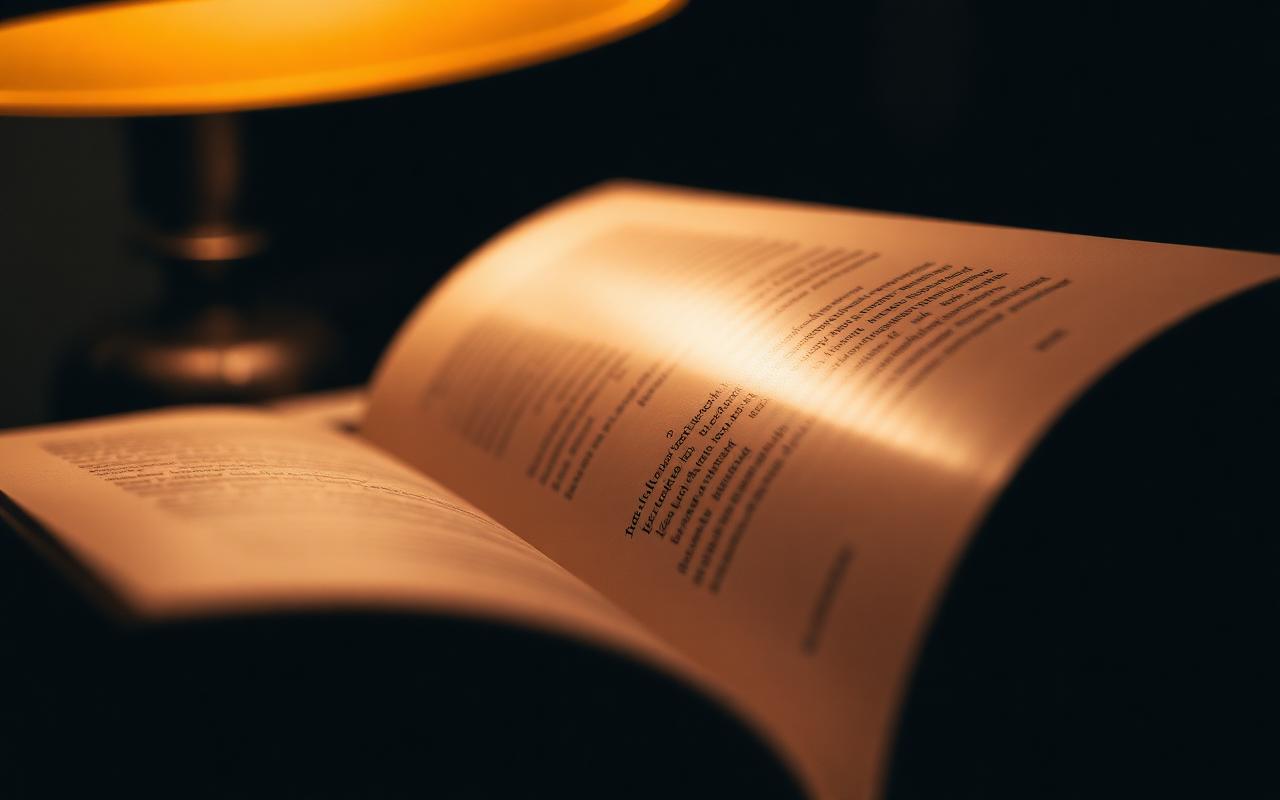 Close-up of an open book lit by a warm reading lamp at night