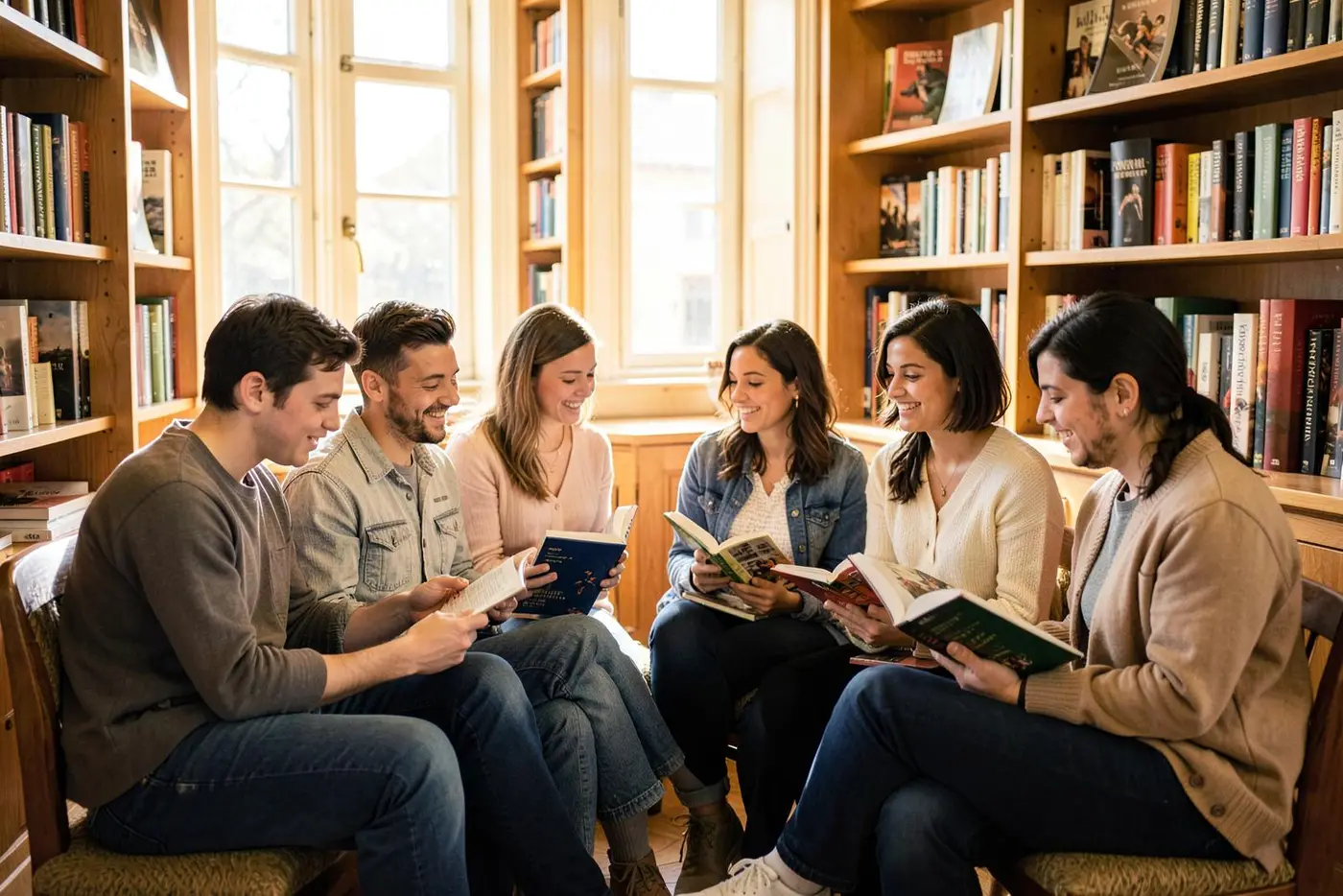 A group of readers sitting together in a library, books open, mid conversation