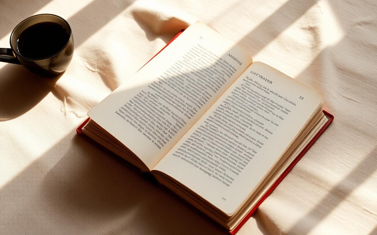 An open book and a cup of coffee on a linen desk in morning light