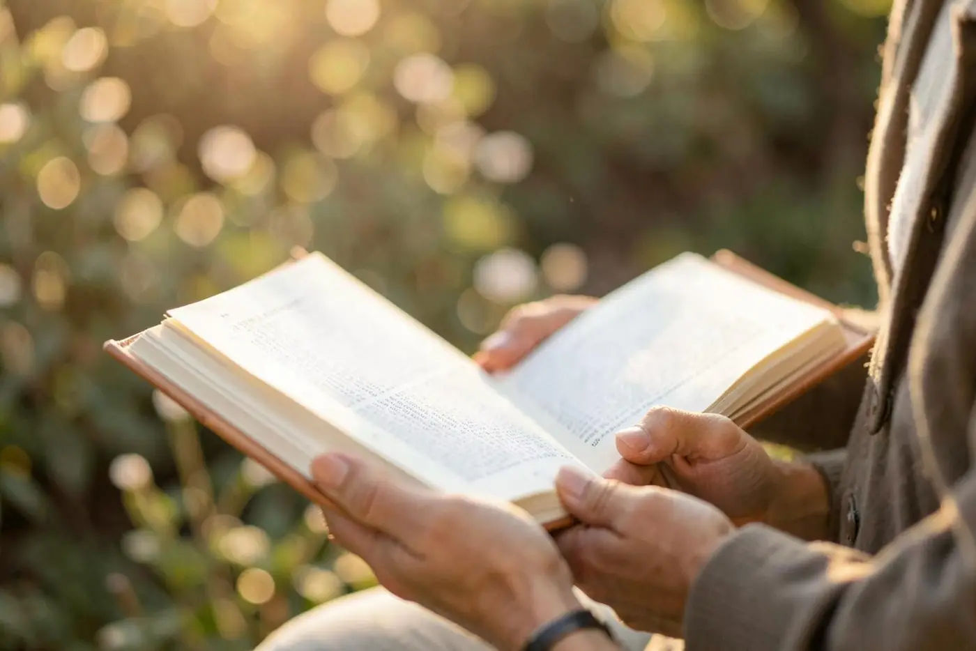 Close view of two hands holding an open book in warm afternoon light