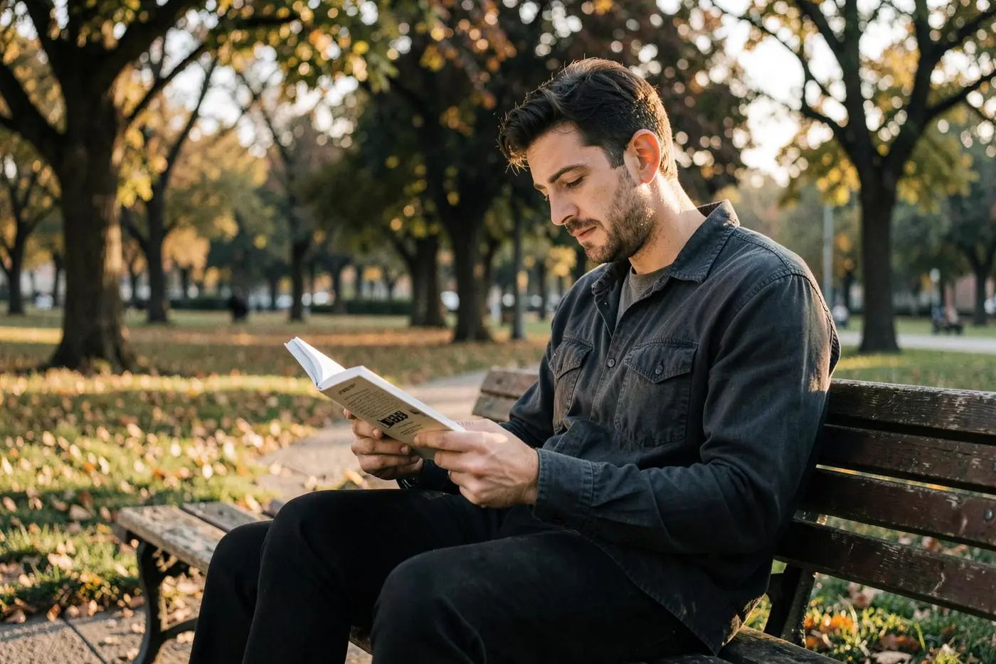A reader on a park bench with an open paperback under autumn trees